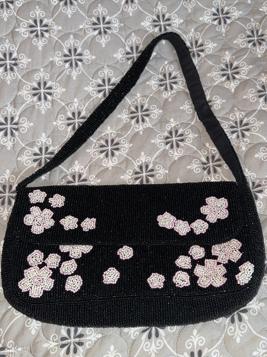 Free People Handbags - Free People Black Beaded Shoulder Bag with Pink Floral Accents